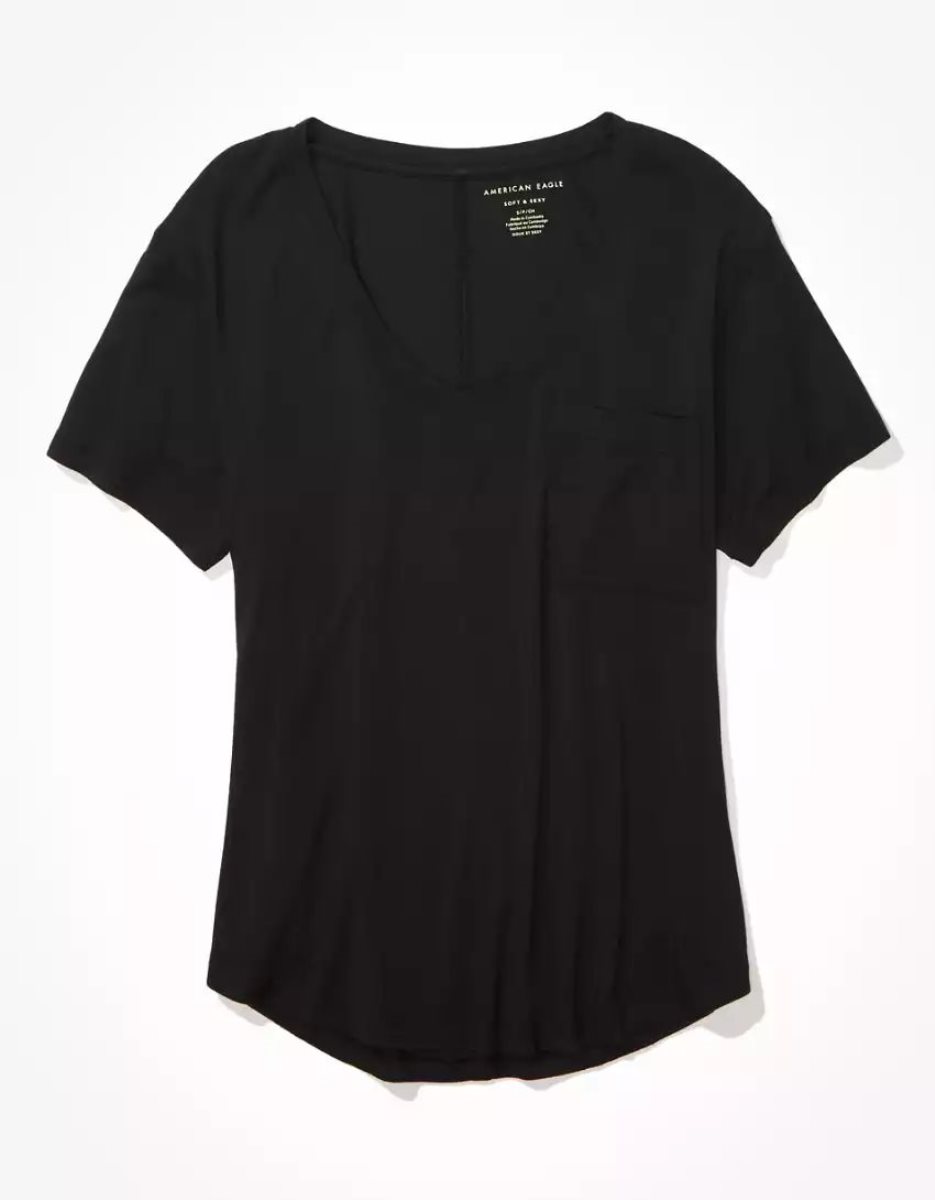 T Shirts American Eagle AE Soft & Sexy V-Neck Pocket Tee Noir Femme | LMD-51831328